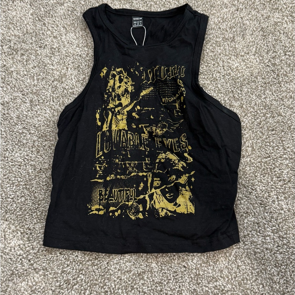 Black Graphic Tank Top with Green Print